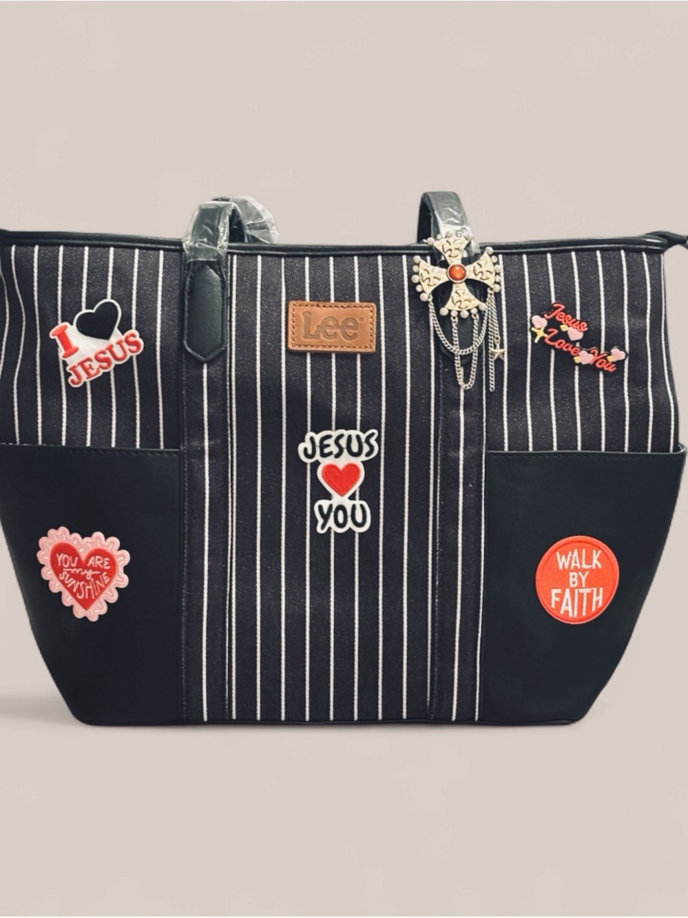 *One of a kind.* Lee Black and White Pinstripe Tote with Faith Patches